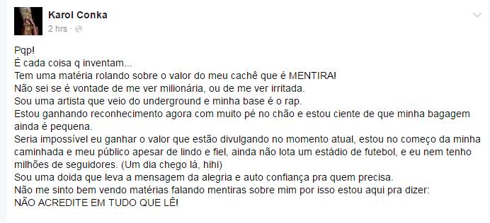 Irritada, rapper Karol Conká contesta valor de cachê divulgado por jornal