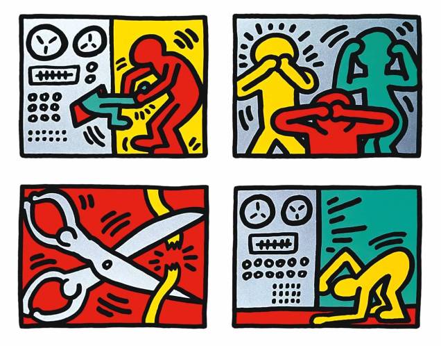 Obra da série Pop Shop Quad, realizada em 1989: cores fortes e personagens sem feições Obra da série Pop Shop Quad, realizada em 1989: cores fortes e personagens sem feições