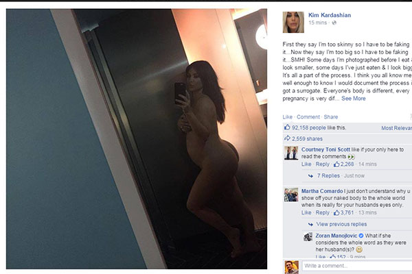 Grávida, Kim Kardashian publica foto nua para rebater críticas de que retoques em imagens