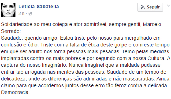 Letícia Sabatella sai em defesa de Marcelo Serrado após ataques na web