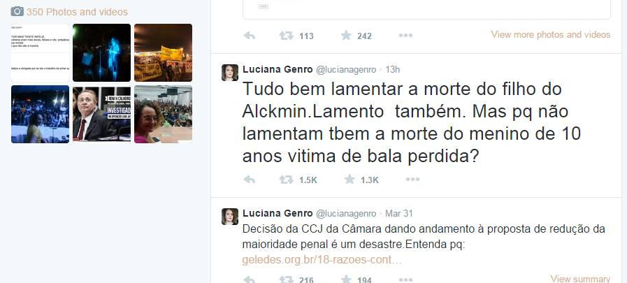 Luciana Genro compara comoção com Thomaz Alckmin a menino morto no Complexo do Alemão