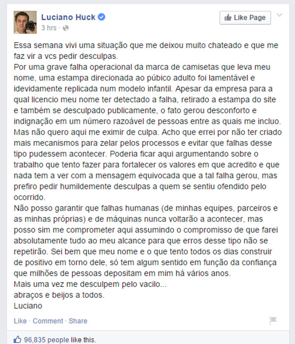 Luciano Huck desabafa no Facebook sobre polêmica das camisetas infantis