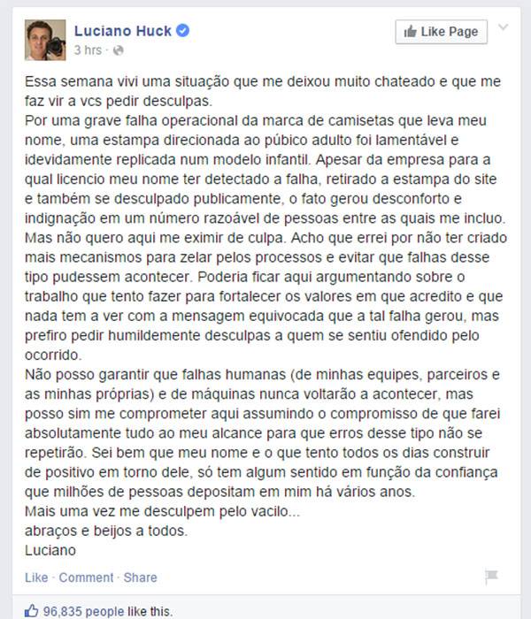 Luciano Huck desabafa no Facebook sobre polêmica das camisetas infantis