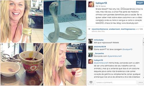 Ludmila Dayer bebe sangue, come coração de cobra (!) e publica foto no Instagram: “Experiência única”