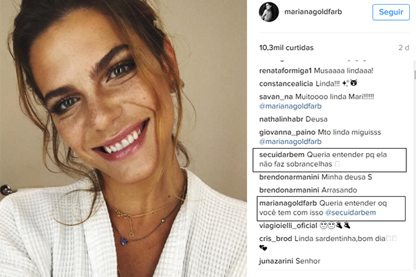 Criticada por sobrancelha, Mariana Goldfarb dá resposta a seguidor no Instagram