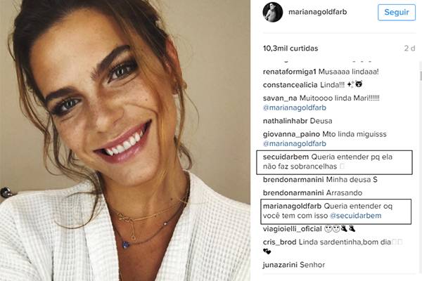 Criticada por sobrancelha, Mariana Goldfarb dá resposta a seguidor no Instagram