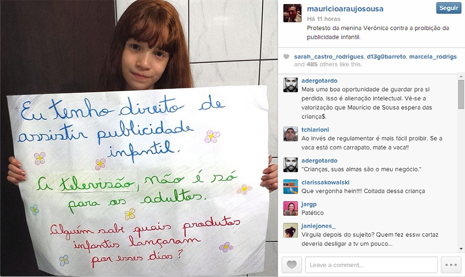 Maurício de Sousa publica foto de criança a favor da publicidade infantil e provoca polêmica na internet