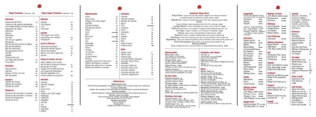 Cardápio do Tokyo Rose