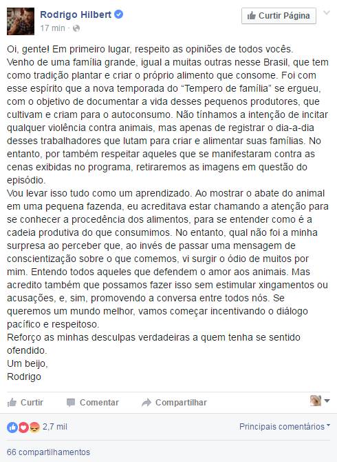 Rodrigo Hilbert pede desculpas e GNT retira da internet episódio que mostrou abatimento animal