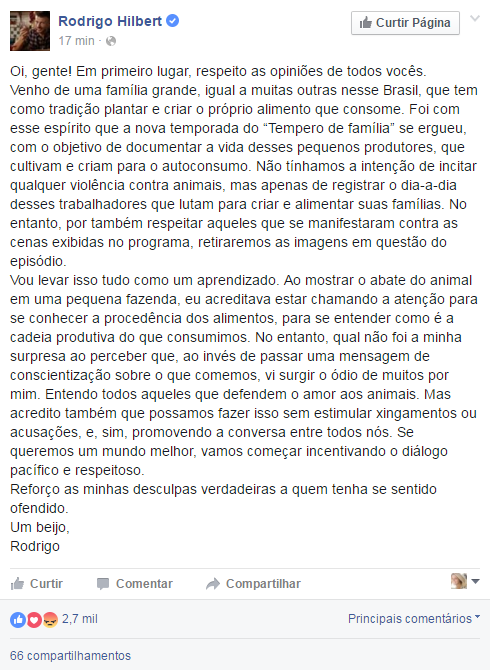 Rodrigo Hilbert pede desculpas e GNT retira da internet episódio que mostrou abatimento animal