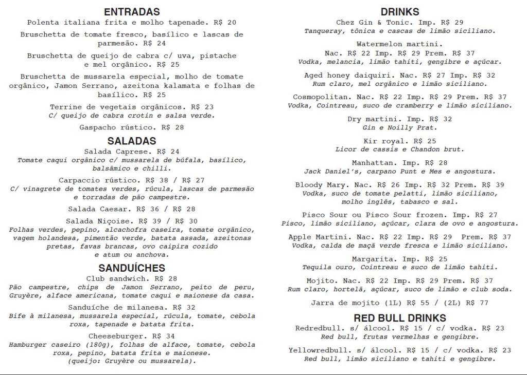 Cardápios do Chez Mis