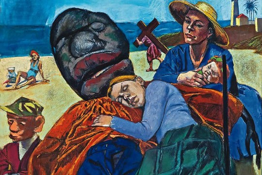 Painel que integra o tríptico "O Homem-Almofada": personagem veste a roupa do pai da artista Painel que integra o tríptico "O Homem-Almofada": personagem veste a roupa do pai da artista