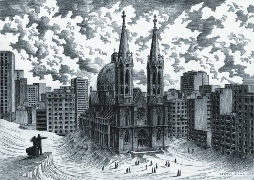 A Catedral II (2006), de Pedro de Kastro: o artista português exibe desenhos de nanquim sobre papel A Catedral II (2006), de Pedro de Kastro: o artista português exibe desenhos de nanquim sobre papel