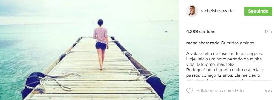 Rachel Sheherazade termina casamento de 12 anos e usa o Instagram para avisar fãs