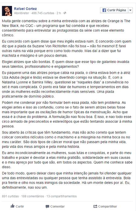 Rafael Cortez desabafa contra críticas a entrevista com atrizes do ‘Orange is the New Black’