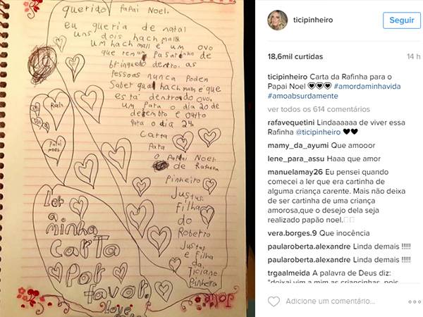 Ticiane Pinheiro compartilha no Instagram cartinha que Rafinha Justus escreveu para Papai Noel
