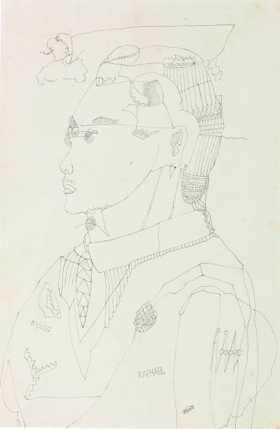 A obra em nanquim e bico de pena sobre papel Sem título (retrato de Abraham Palatnik), de Raphael Domingues A obra em nanquim e bico de pena sobre papel Sem título (retrato de Abraham Palatnik), de Raphael Domingues