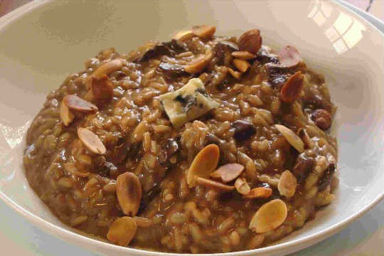 Risoto de funghi porcini com cipolla, amêndoas e gorgonzola