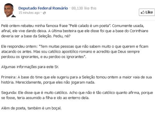 Romário ataca Pelé no Facebook: “Além de poeta, é um boçal”