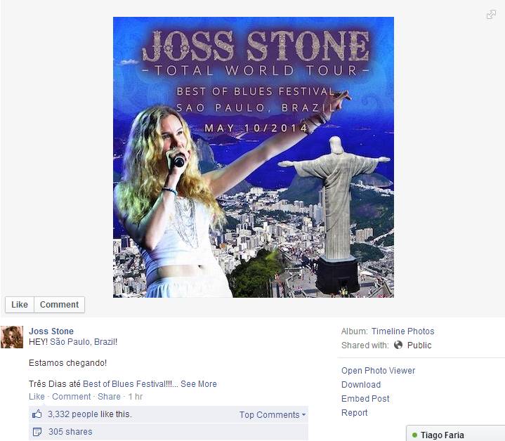 Joss Stone publica na web foto do Rio de Janeiro ao divulgar show em São Paulo