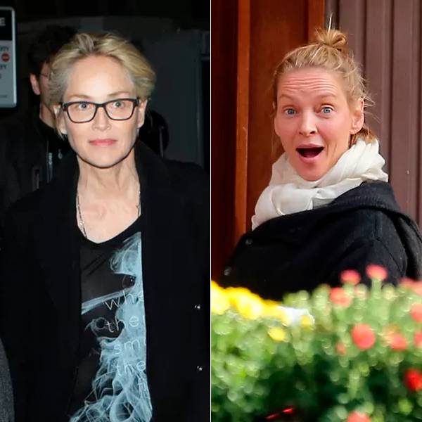 Clicadas com pouca maquiagem, Sharon Stone e Uma Thurman mostram que são lindas naturalmente