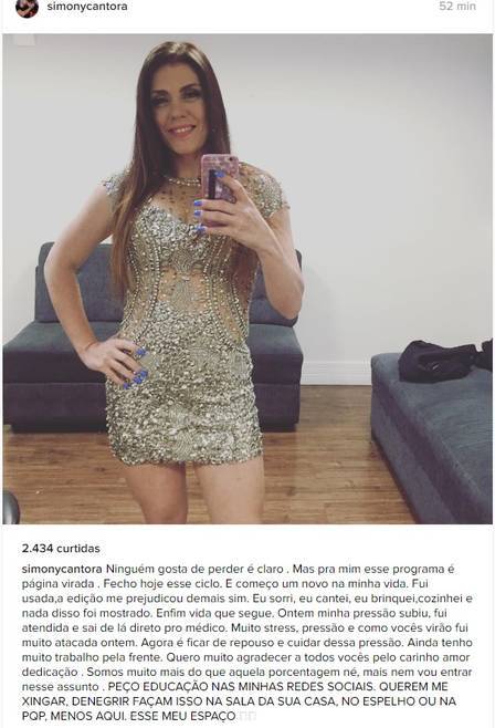 Após final do ‘Power Couple Brasil’, Simony vai para hospital e escreve desabafo na internet