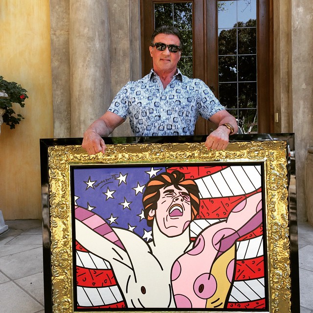 Sylvester Stallone é retratado por Romero Britto. O ator postou a foto do quadro no Instragram