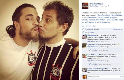 Integrante da banda Teatro Mágico divulga foto de beijo em apoio a Emerson Sheik