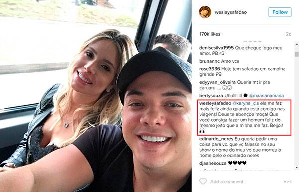 Após comentários, Wesley Safadão responde seguidor que criticou Thyane Dantas