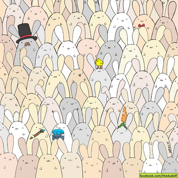 Você consegue encontrar o ovo nesta fofíssima ilustração de Páscoa cheia de coelhinhos?