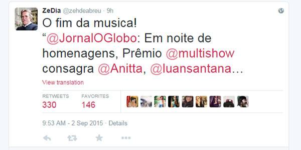 José de Abreu critica entrega de prêmio a Anitta e cantora dá resposta atravessada