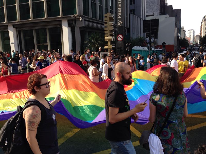 Manifestantes carregam bandeira do orgulho gay na Avenida Paulista no in&iacute;cio da 12&ordf; Caminhada L&eacute;sbica, em 2014.