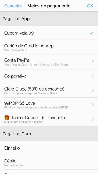 <span>6&deg; Passo: </span>Confira se a op&ccedil;&atilde;o &ldquo;Cupom Veja 99&rdquo; est&aacute; selecionada e d&ecirc; um 'ok'. Confirme o pedido de carro!