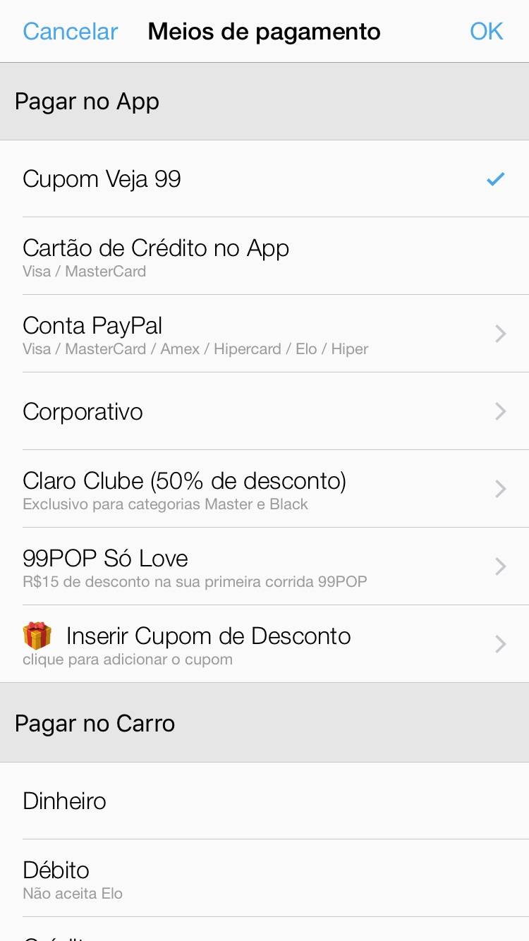 <span>6&deg; Passo: </span>Confira se a op&ccedil;&atilde;o &ldquo;Cupom Veja 99&rdquo; est&aacute; selecionada e d&ecirc; um 'ok'. Confirme o pedido de carro!