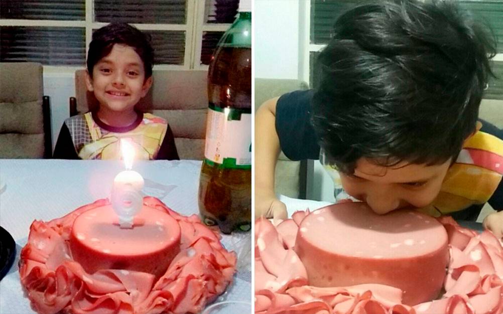 Menino celebra aniversário de 6 anos com bolo feito com mortadela