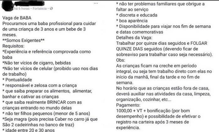 Suposto anúncio de vaga para babá causa revolta na internet