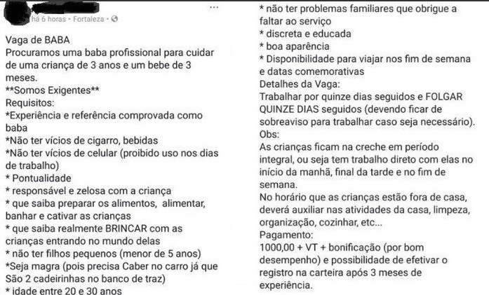 Suposto anúncio de vaga para babá causa revolta na internet
