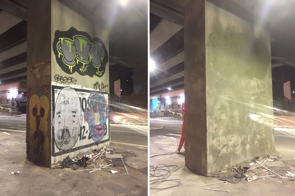 Prefeitura remove grafites em pilastras sob o Minhocão