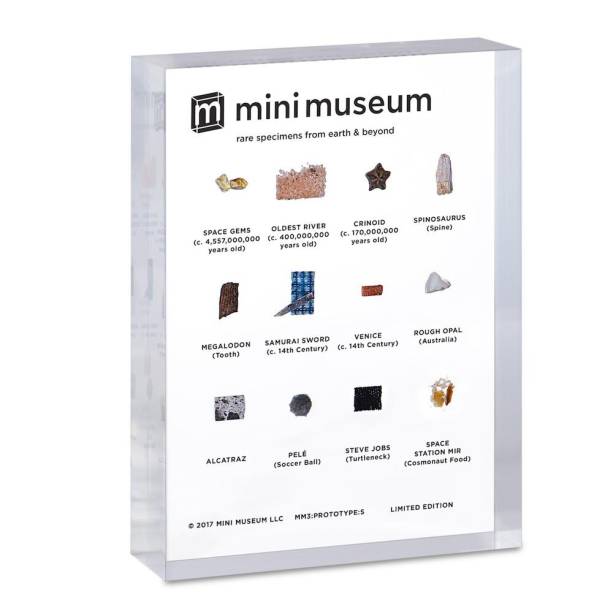 •	Mini Museum (um bloco de acrílico com fragmentos de meteorito, um pedaço da parede do Cavern Club, um retalho de uma camisa do Steve Jobs…) - $ 129,00. Uma sugestão da SUPERINTERESSANTE. Preço pesquisado em dezembro/17. www.minimuseum.com