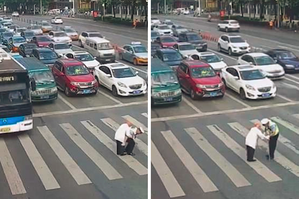 Policial emociona web ao carregar idoso nas costas em cruzamento