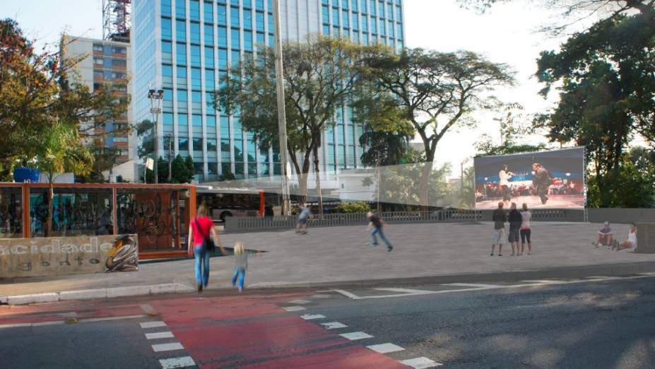 Ilustração 3D mostra onde deve ficar o cinema na Praça dos Arcos, que deve ser instalado em etapa futura da revitalização