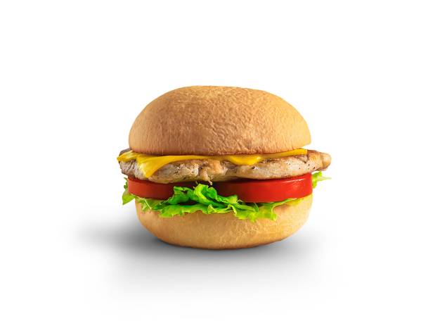 Cheese chicken: peito de frango, queijo tipo cheddar, alface e tomate no pão de brioche Cheese chicken: peito de frango, queijo tipo cheddar, alface e tomate no pão de brioche