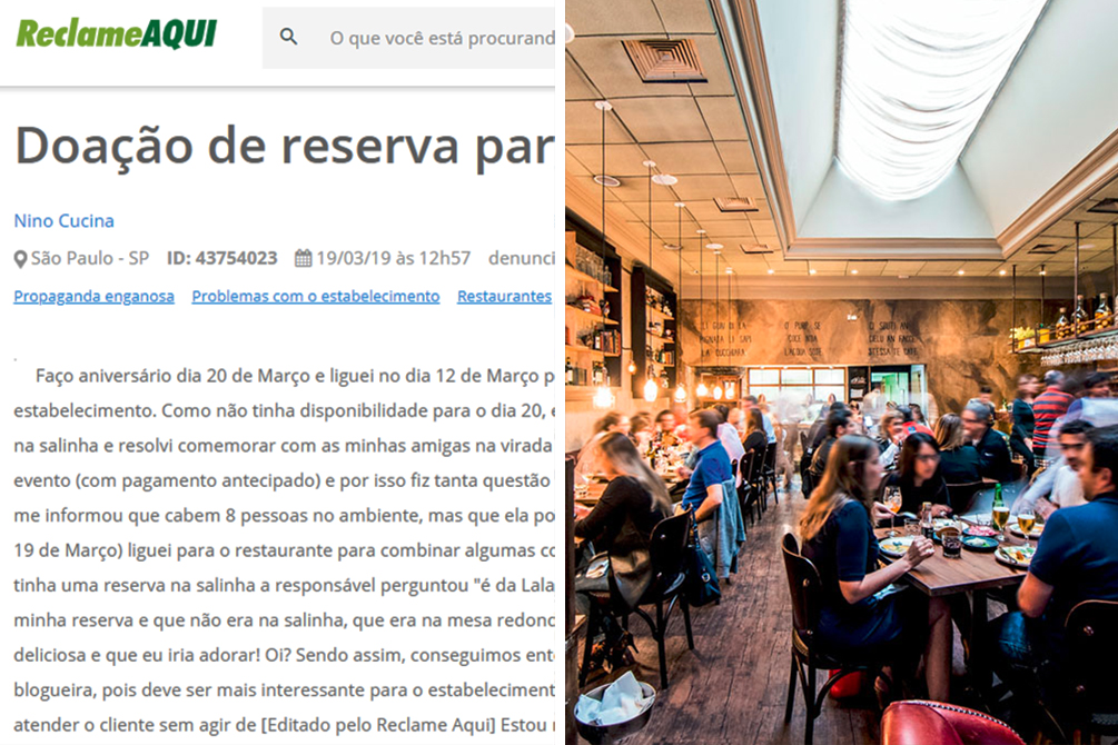 “Deram minha reserva para uma blogueira”, desabafa cliente do Nino Cucina