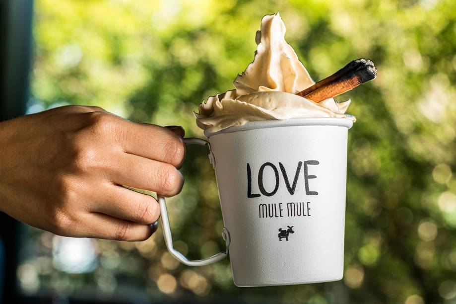 Mule africano: rum, amarula (líquida e em espuma), gengibre e canela defumada para finalizar Mule africano: rum, amarula (líquida e em espuma), gengibre e canela defumada para finalizar