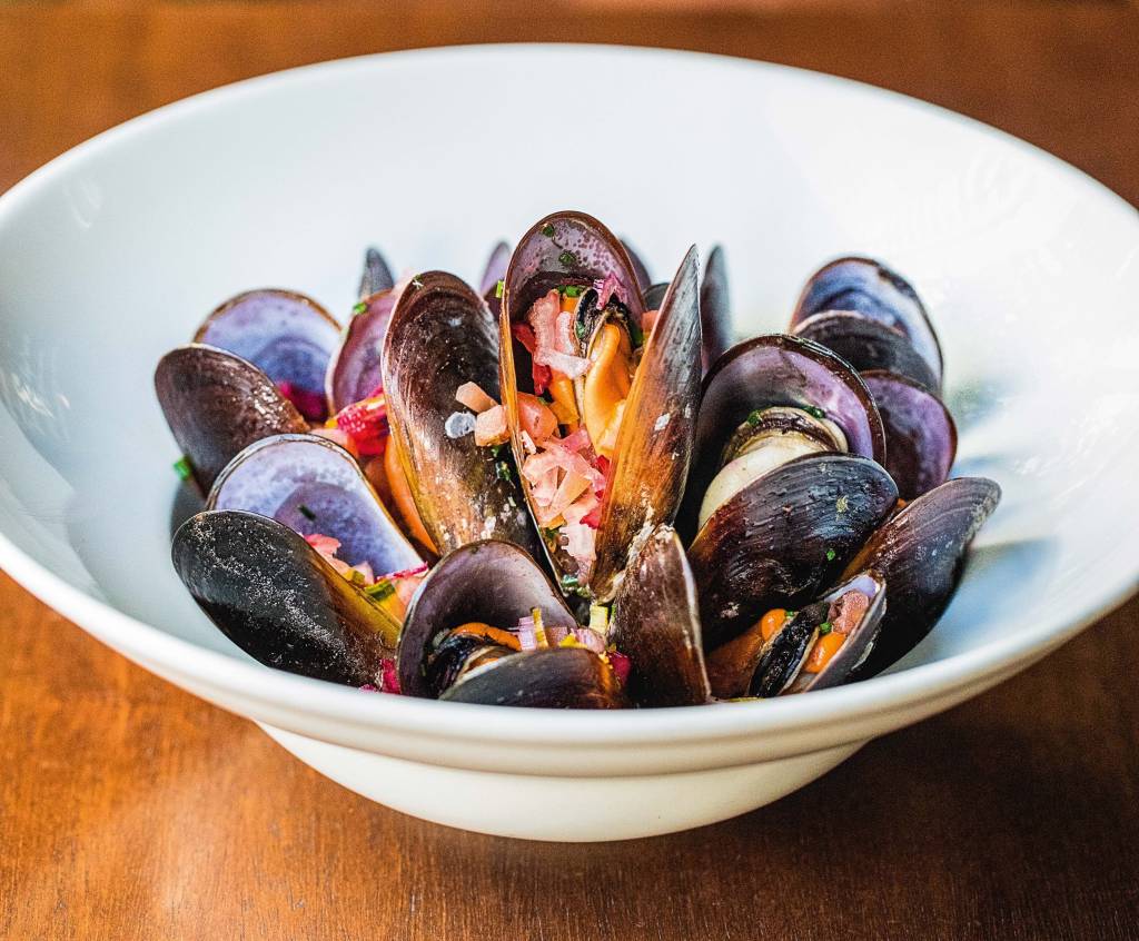 Mexilhões com tomate, cebola e talos de acelga: saboroso prato de frutos do mar Mexilhões com tomate, cebola e talos de acelga: saboroso prato de frutos do mar