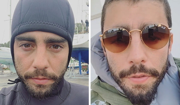 Montagem com duas fotos de Pedro Scooby, uma de touca e outra de óculos escuros