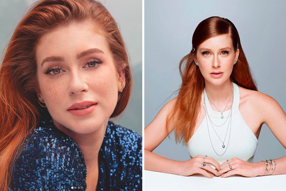 duas fotos de marina ruy barbosa, mulher ruiva e branca, à esquerda com uma blusa de paetês azuis, e à direita com regata branca e colares prateados