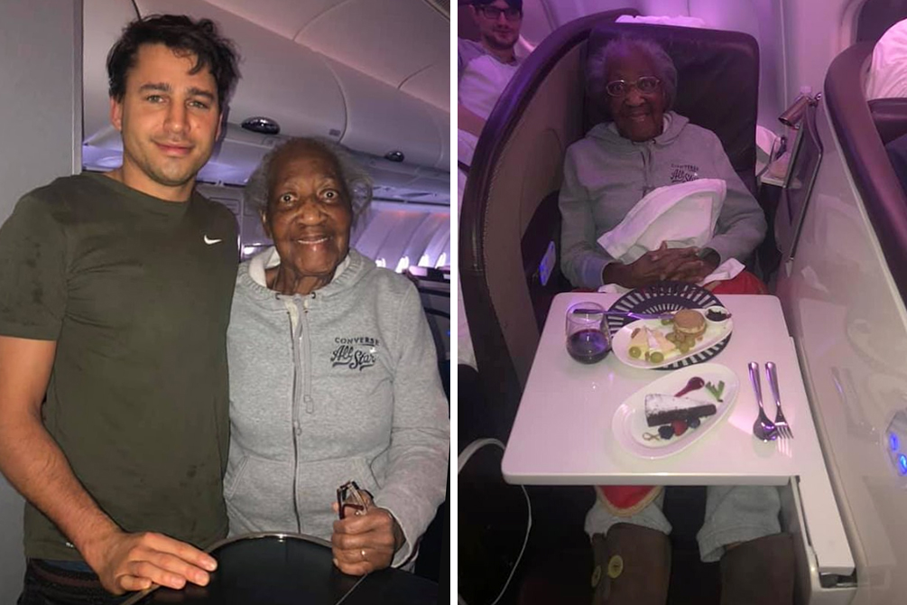 Jovem cede assento na primeira classe e realiza sonho de mulher de 88 anos