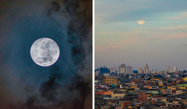 superlua-sao-paulo-2020-01 Montagem com duas imagens. À esquerda, mostra a superlua coberta com uma baixa nebulosidade. A segunda, à direita, mostra a cidade de São Paulo amplamente com a superlua em destaque no céu.