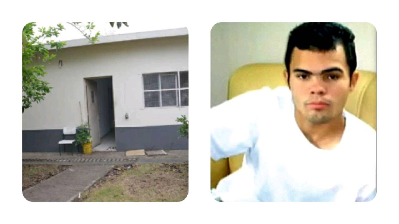 Imagem dividida mostra uma casa com entrada e janela, ao lado dela aparece Champinha, com os braços levantados e com camiseta branca